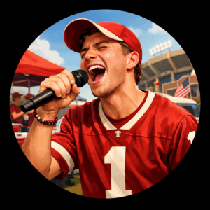 Excited fan singing at tailgate